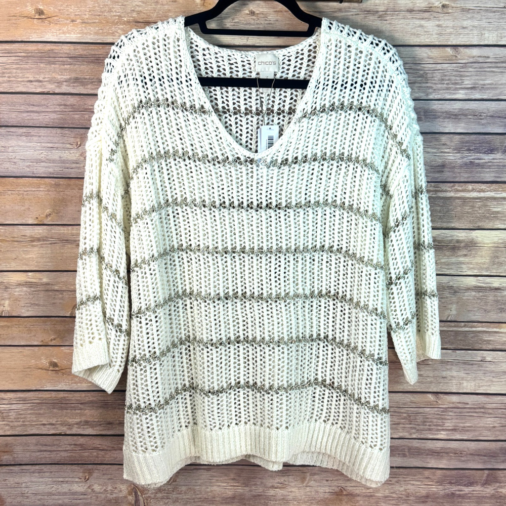 Chicos Cream & Metallic Gold Striped 3/4 Sleeve Open Knit Charlotte Sweater 3